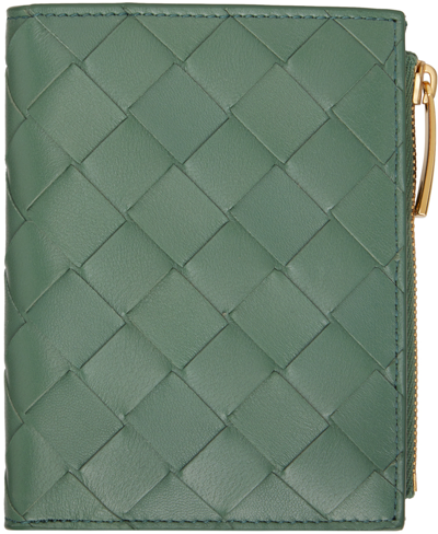 Shop Bottega Veneta Green Small Intrecciato Bi-fold Wallet In 3198 Aloe Gold