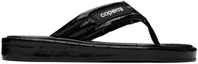 Coperni Logo-appliquéd Rubber-trimmed Croc-effect Patent Leather Flip Flops In Black