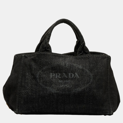 Pre-owned Prada Black Denim Canapa Logo Tote Bag