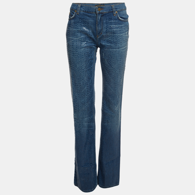 Pre-owned Roberto Cavalli Blue Textured Denim Wide Leg Jeans L Waist 31"