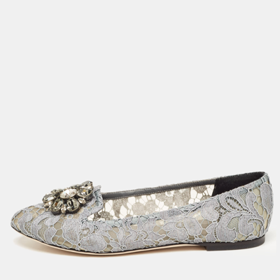 Pre-owned Dolce & Gabbana Grey Lace And Mesh Bellucci Crystal Embellished Ballet Flats Size 38.5