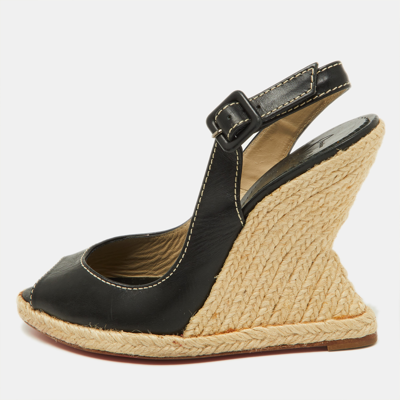 Pre-owned Christian Louboutin Black Leather You Love Espadrille Wedge Slingback Sandals Size 37