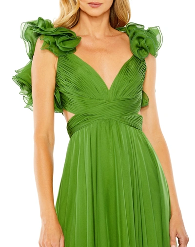 Mac Duggal Ruffle Tiered Cut-out Chiffon Gown In Turquoise