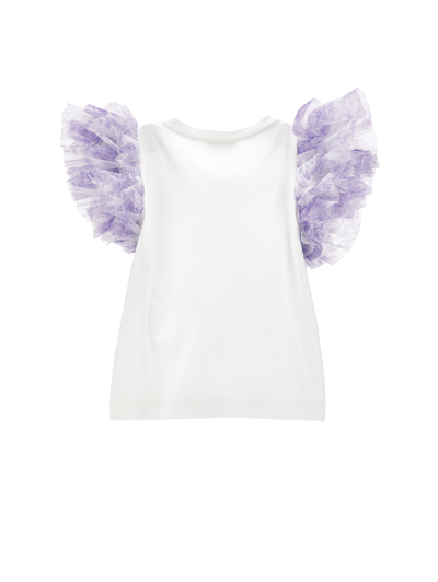 Monnalisa T-shirt With Tulle Sleeves In Cream + Wisteria