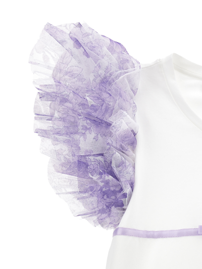 Monnalisa T-shirt With Tulle Sleeves In Cream + Wisteria