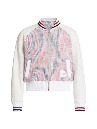 Shop Thom Browne Women's Stripe Cotton Tweed Varsity Jacket In Red White Blue