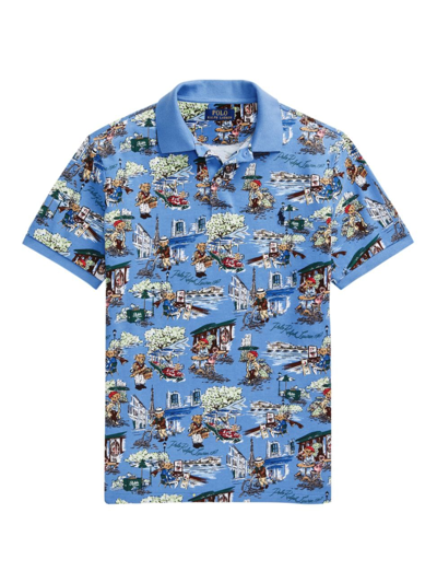 Shop Polo Ralph Lauren Men's Graphic Cotton Polo Shirt In Paris Bear Blue Flower Print