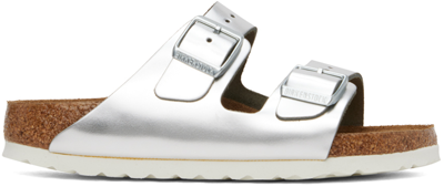 Shop Birkenstock Silver Narrow Arizona Soft Footbed Sandals In Metallic Silver