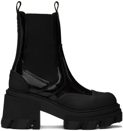 Shop Ganni Black Cleated Heeled Mid Chelsea Boots In 099 Black