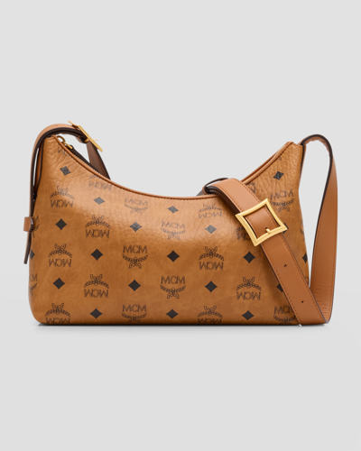 Shop Mcm Aren Visetos Monogram Hobo Bag In Cognac