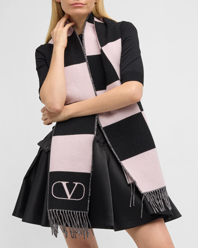 Shop Valentino Stripe Wool-cashmere Scarf In Zkr Taffy Nero