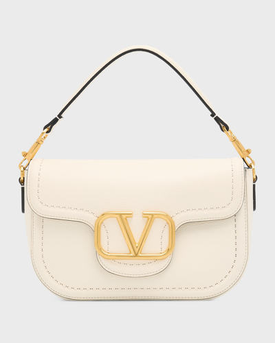 Shop Valentino Loco Vlogo Flap Leather Shoulder Bag In Ivory