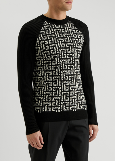 Shop Balmain Monogrammed Wool-blend Jumper In Black And White