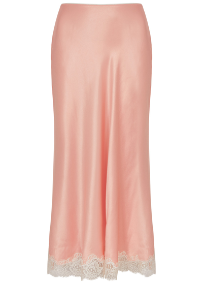 Shop Rixo London Rixo Ardith Lace-trimmed Satin Midi Skirt In Peach