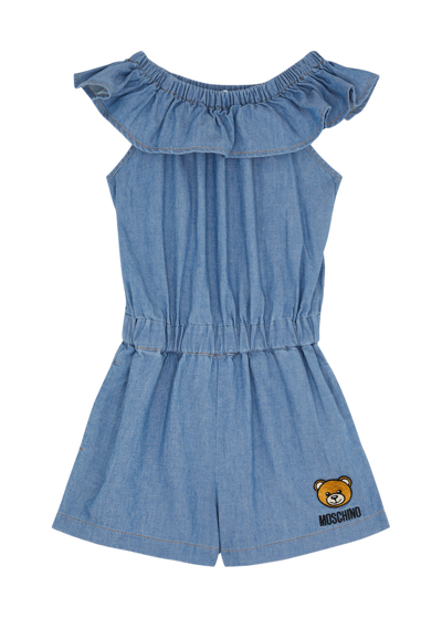 Shop Moschino Kids Logo-embroidered Chambray Playsuit (4-8 Years) In Blue