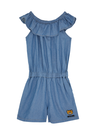 Shop Moschino Kids Logo-embroidered Chambray Playsuit (10-14 Years) In Blue