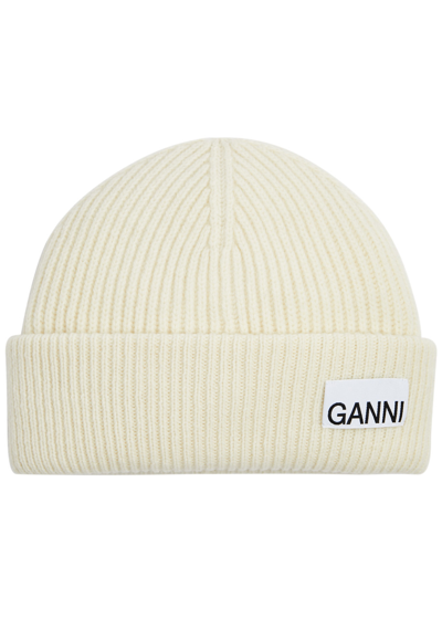 Shop Ganni Fitted Ribbed Wool-blend Beanie In Cream