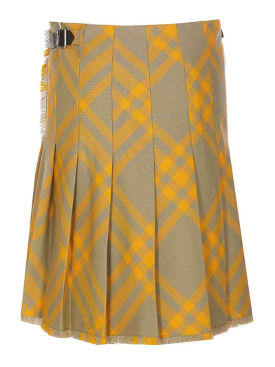 Burberry Fringed Pleated Checked Woven Mini Wrap Skirt In Yellow