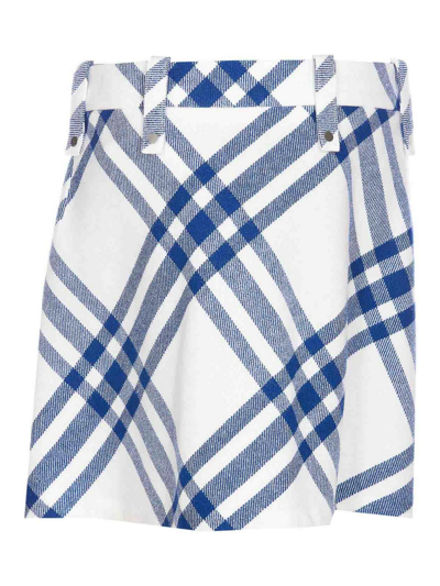 Burberry Pleat Detail Check Wool Mini Skirt In Azul