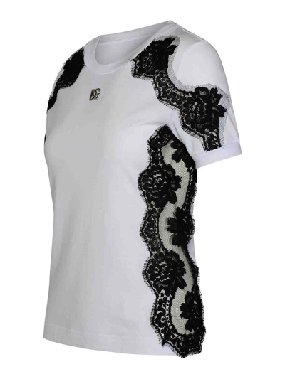 Shop Dolce & Gabbana Lace Logo T-shirt In Blanco