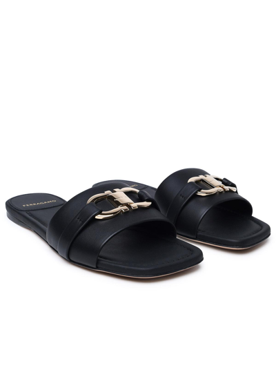 Ferragamo Leather Slides With Flat Sole And Gold-tone Hardware In Black