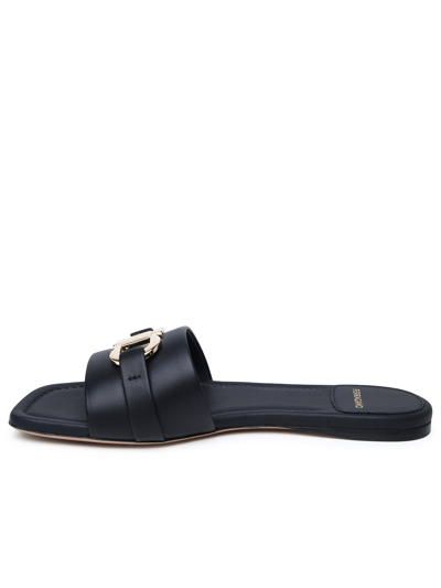 Ferragamo Leather Slides With Flat Sole And Gold-tone Hardware In Black