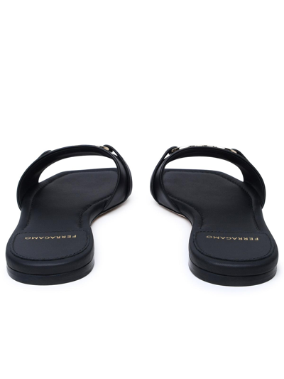 Ferragamo Leather Slides With Flat Sole And Gold-tone Hardware In Black