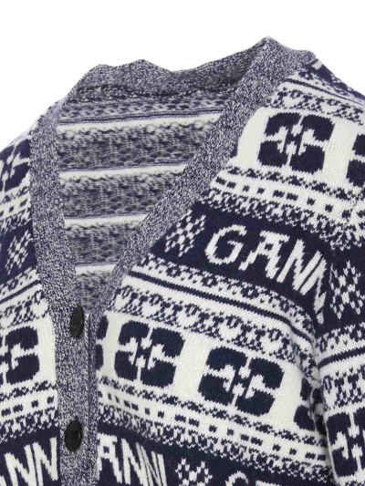 Shop Ganni Logo Wool Mix Cardigan In Azul