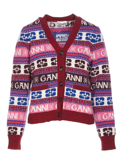 Shop Ganni Pink Logo Wool Mix Cardigan In Multicolor