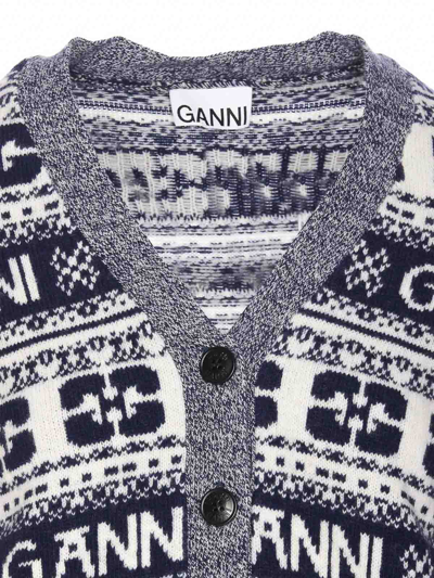 Shop Ganni Logo Wool Mix Cardigan In Azul