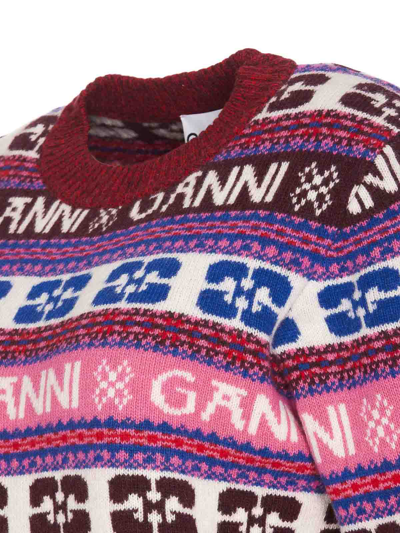 Shop Ganni Pink Logo Wool Mix Sweater In Multicolour