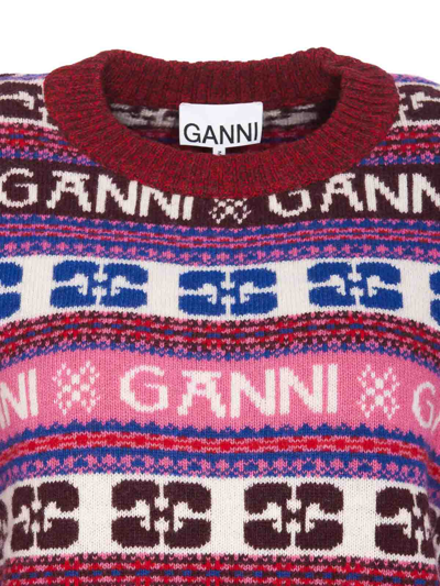 Shop Ganni Pink Logo Wool Mix Sweater In Multicolour
