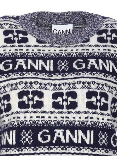 Shop Ganni Logo Wool Mix O-neck Sweater In Blue