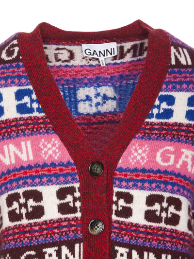Shop Ganni Pink Logo Wool Mix Cardigan In Multicolor