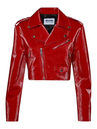 Shop Moschino Cropped Leather Jacket In Red