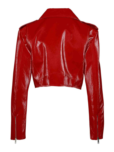 Shop Moschino Cropped Leather Jacket In Red