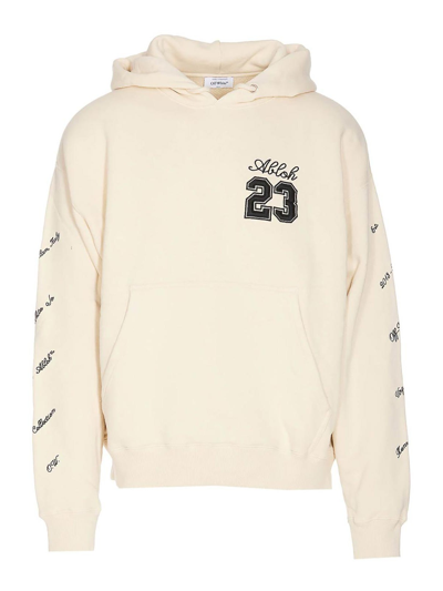 Off-white Embroidered-logo Cotton Hoodie In Beige