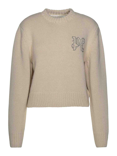 Palm Angels Monogram Embellished Knitted Jumper In Cream