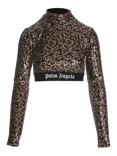 Shop Palm Angels Cropped Logo Sequins Top In Brown
