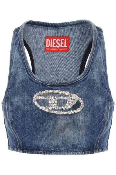 Shop Diesel Denim Crop Top With Jewel Buckle