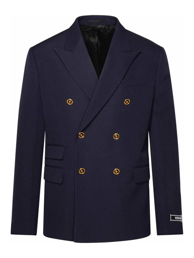 Versace Grain De Poudre Wool Blazer In Dark Blue