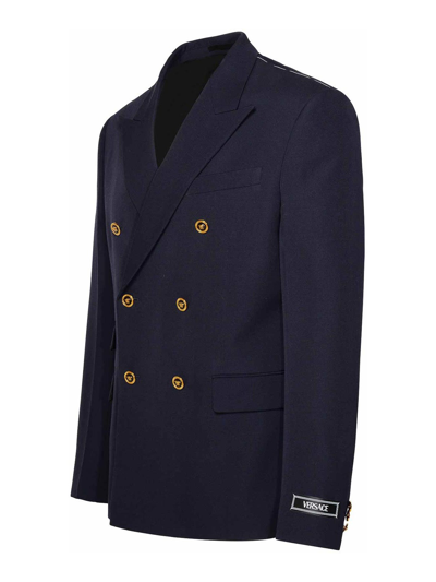 Versace Grain De Poudre Wool Blazer In Dark Blue