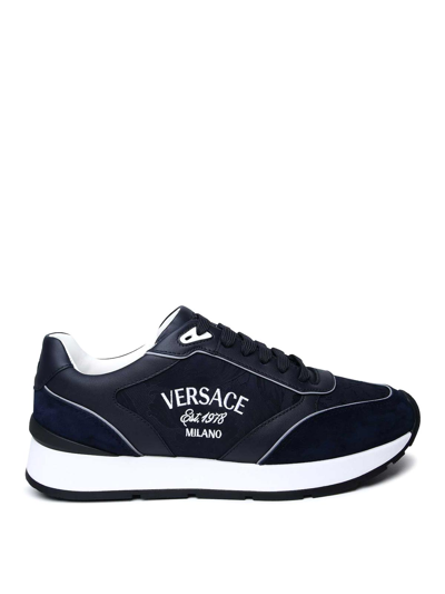 Shop Versace Leather Sneakers In Dark Blue