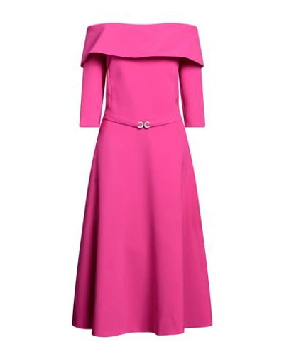 Shop Luis Civit Woman Midi Dress Fuchsia Size 16 Polyester, Polyurethane In Pink