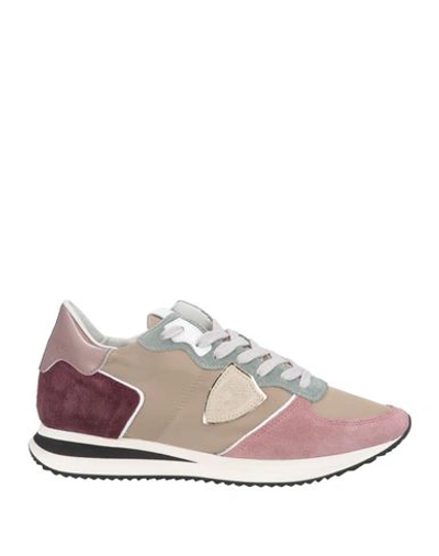 Philippe Model Woman Sneakers Khaki Size 7 Leather, Textile Fibers In Beige