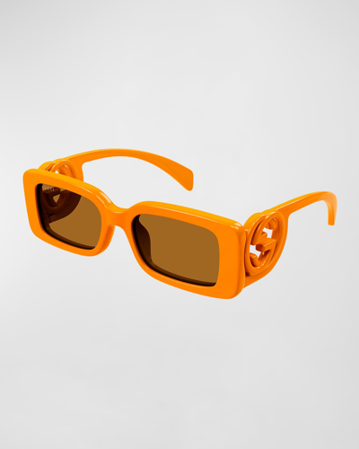 Shop Gucci Monochrome Gg Rectangle Acetate Sunglasses In Shiny Solid Orang