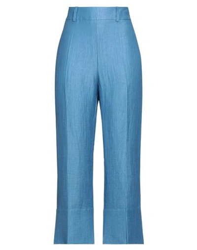 Shop Malloni Woman Pants Pastel Blue Size 6 Linen, Polyamide