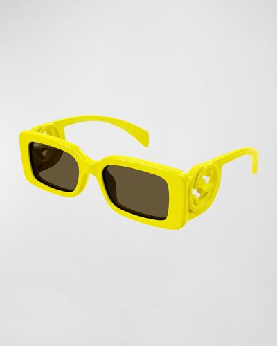 Shop Gucci Monochrome Gg Rectangle Acetate Sunglasses In Shiny Solid Acid