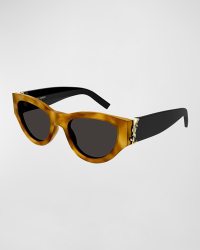 Shop Saint Laurent Ysl Acetate Cat-eye Sunglasses In Shiny Brownyellow