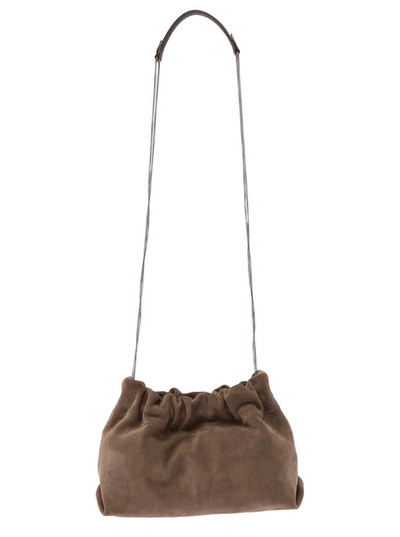 Shop Brunello Cucinelli 'soft' Brown Shoulder Bag With Precious Chain In Suede Woman In White
